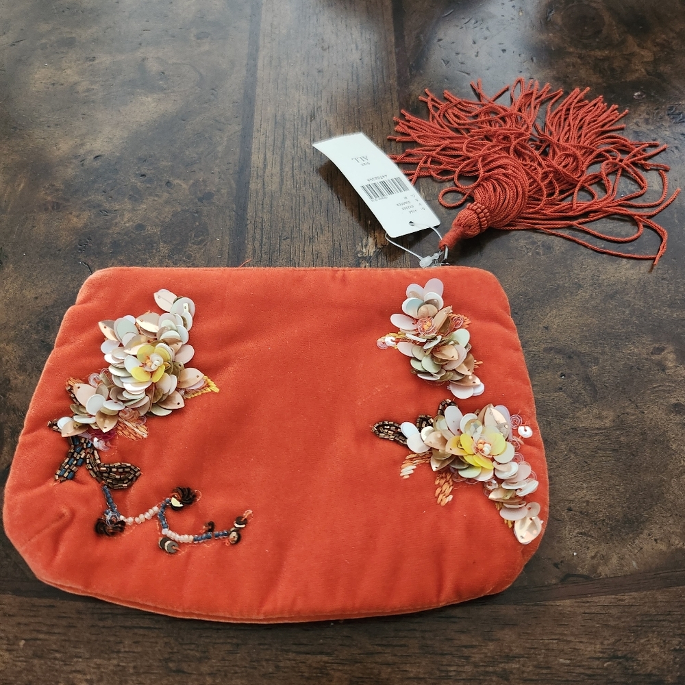 Anthropologie Coral Floral Embellished Cosmetic Pouch View 4